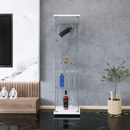 One Door Glass Cabinet Glass Display Cabinet with 4 Shelves, White