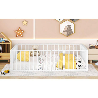 Queen Size Metal Floor Bed Frame with Fence and Door, White