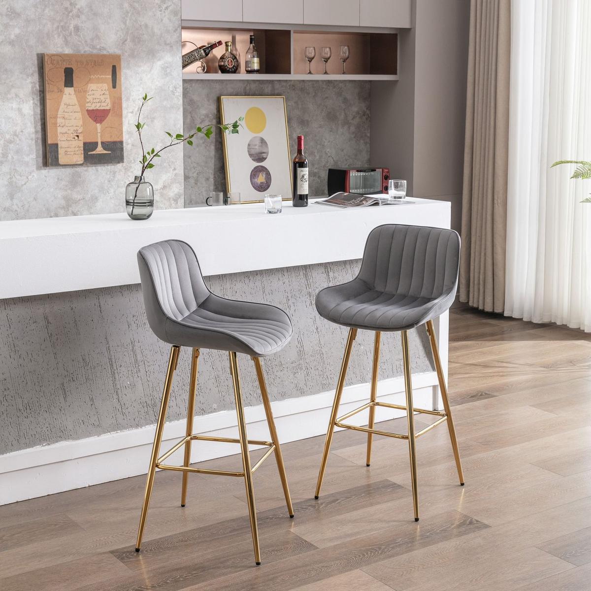 30 inch Set of 2 Bar Stools, with Chrome Footrest Velvet Fabric Counter Stool Golden Leg Simple High Bar Stool, GRAY - Streamdale Furniture