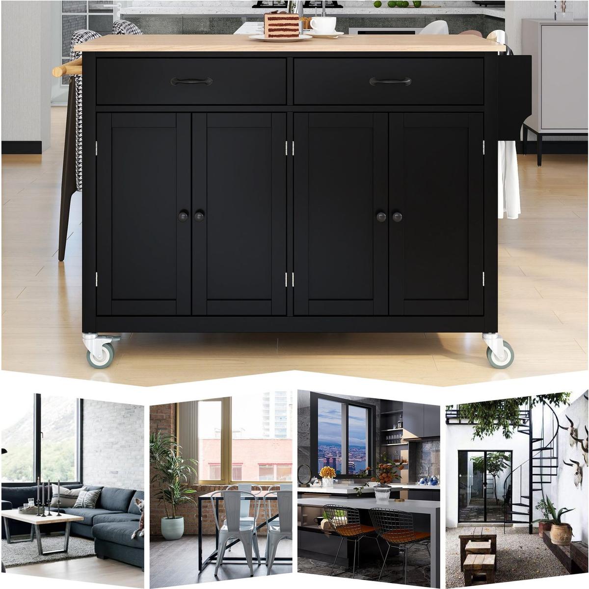 Kitchen Island Cart with Solid Wood Top and Locking Wheels4.3 Inch Width Door Cabinet and Two Drawerspice Rack, Towel Rack black) - Streamdale Furniture