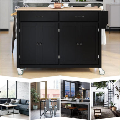 Kitchen Island Cart with Solid Wood Top and Locking Wheels4.3 Inch Width Door Cabinet and Two Drawerspice Rack, Towel Rack black) - Streamdale Furniture