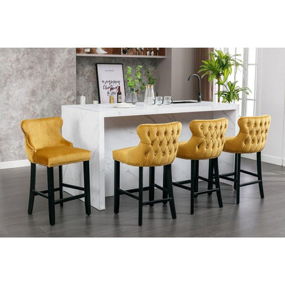 Contemporary Velvet Upholstered Wing-Back Barstools with Button Tufted Decoration and Wooden Legs, and Chrome Nailhead Trim, Leisure Style Bar Chairs, Bar stools, Set of 2 (Gold)