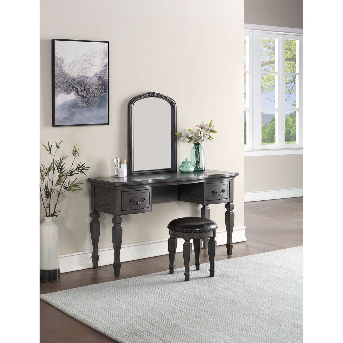 Bedroom Classic Vanity Set Wooden Carved Mirror Stool Drawers Antique Grey Finish