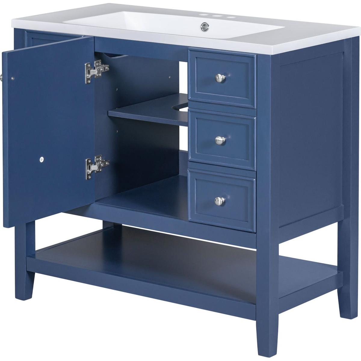 36" Bathroom Vanity with Sink Combo, One Cabinet and Three Drawers, Solid Wood and MDF Board, Blue