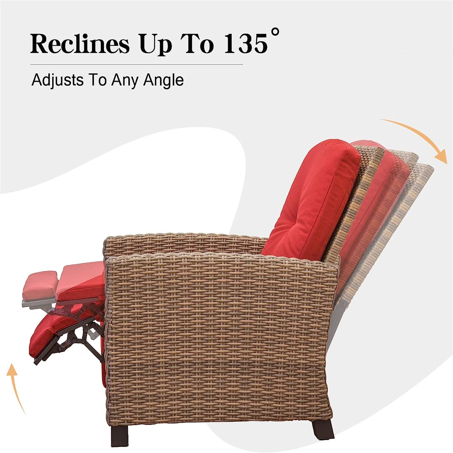 Indoor & Outdoor Recliner, All-Weather Wicker Reclining Patio Chair, Red Cushion (Red, 1 Chair)