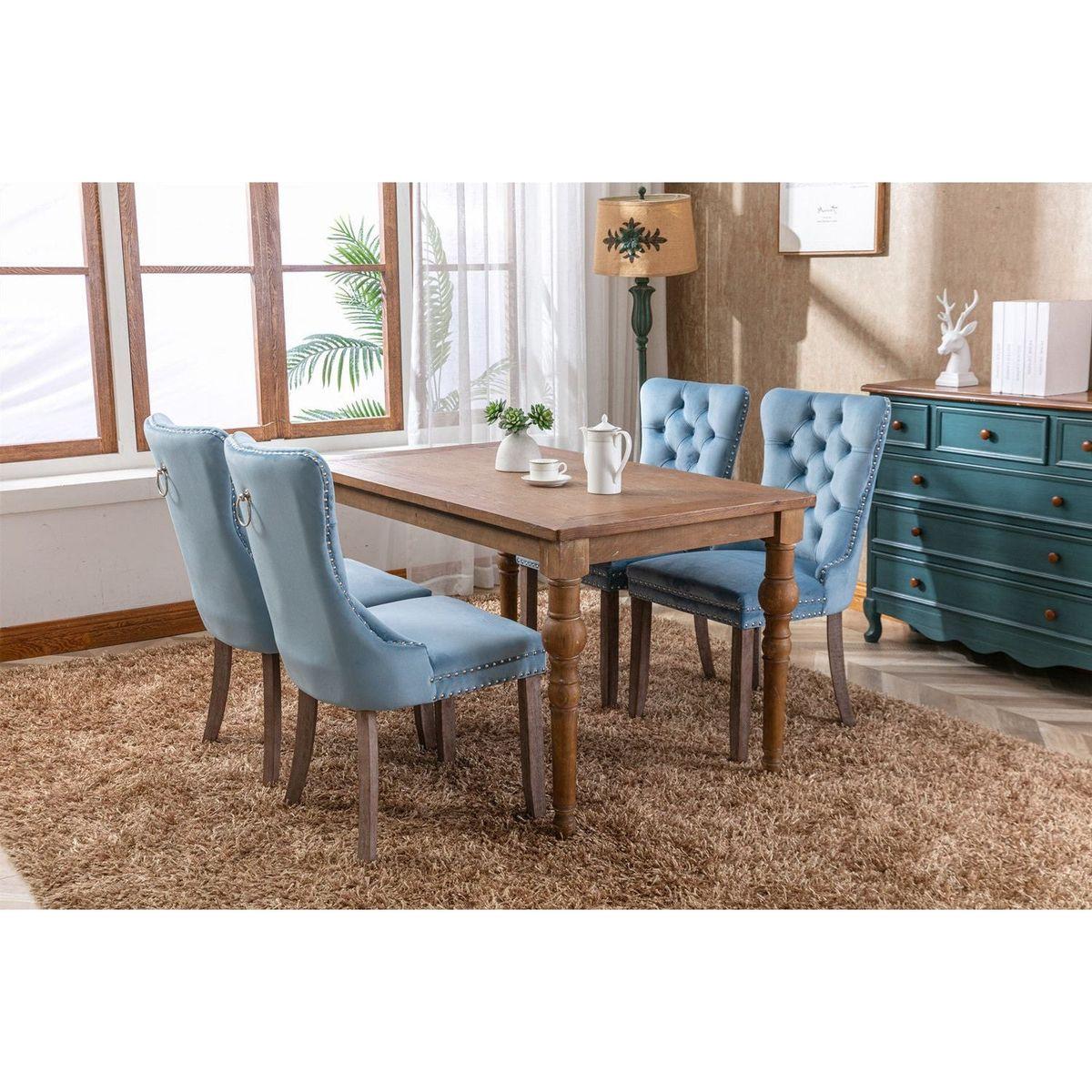 Nikki Collection Modern, High-end Tufted Solid Wood Contemporary Velvet Upholstered Dining Chair with Wood Legs Nailhead Trim 2-Pcs Setight Blue