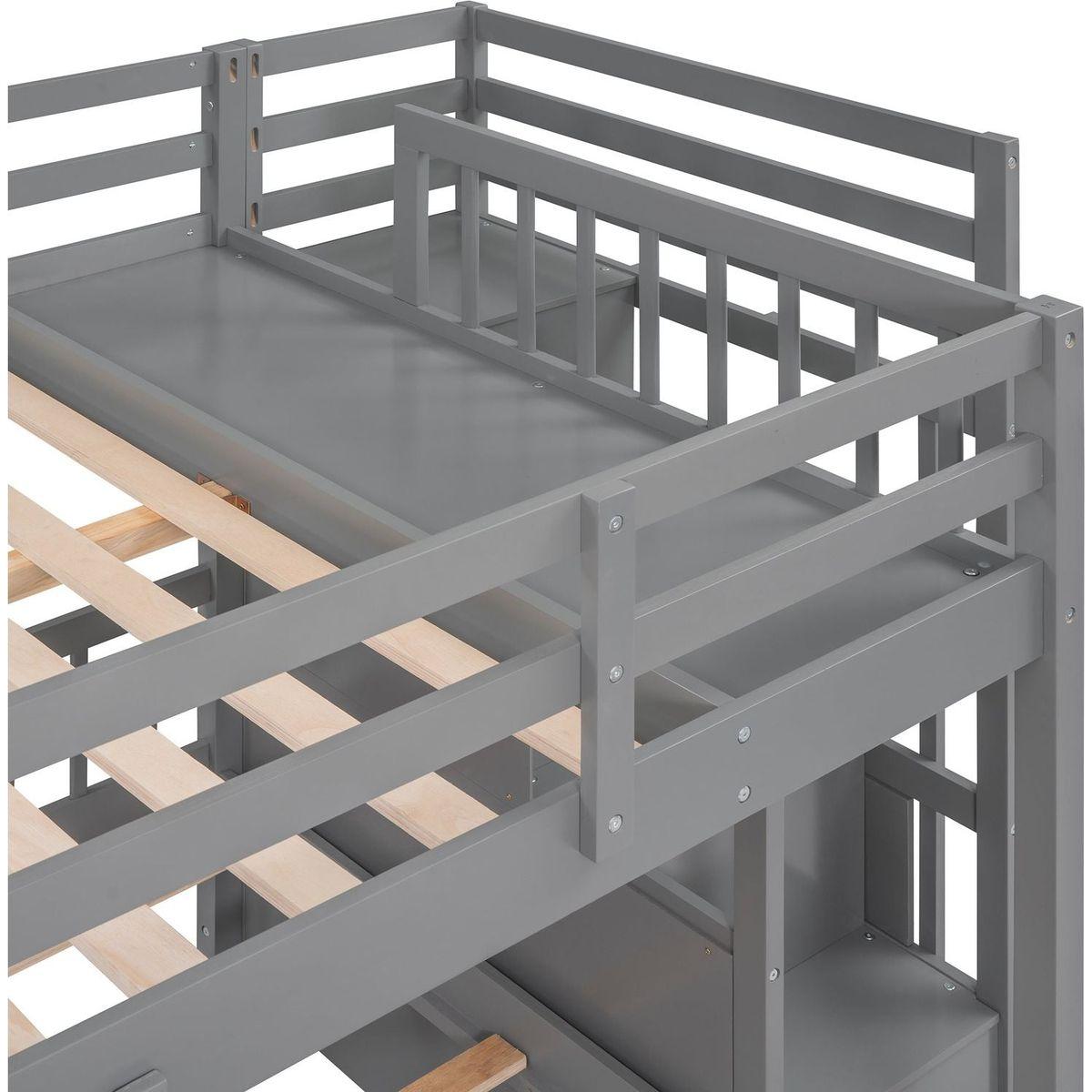 Full Over Twin & Twin Bunk Bed, Wood Triple Bunk Bed with Drawers and Guardrails (Gray)