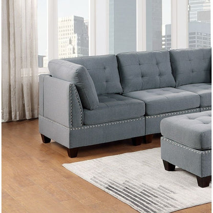 Modular Sofa Set 6pc Set Living Room Furniture Sofa Loveseat Tufted Couch Nail heads Gray Linen Like Fabric 4x Corner Wedge 1x Armless Chair and 1x Ottoman