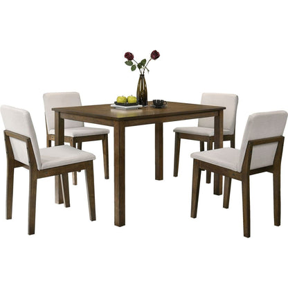 Dark Walnut Finish 5pc Dining Room Set Dining Table 4x Chairs Beige Fabric Chair Seat Kitchen Breakfast Dining room Furniture Rubberwood Veneer Unique Design