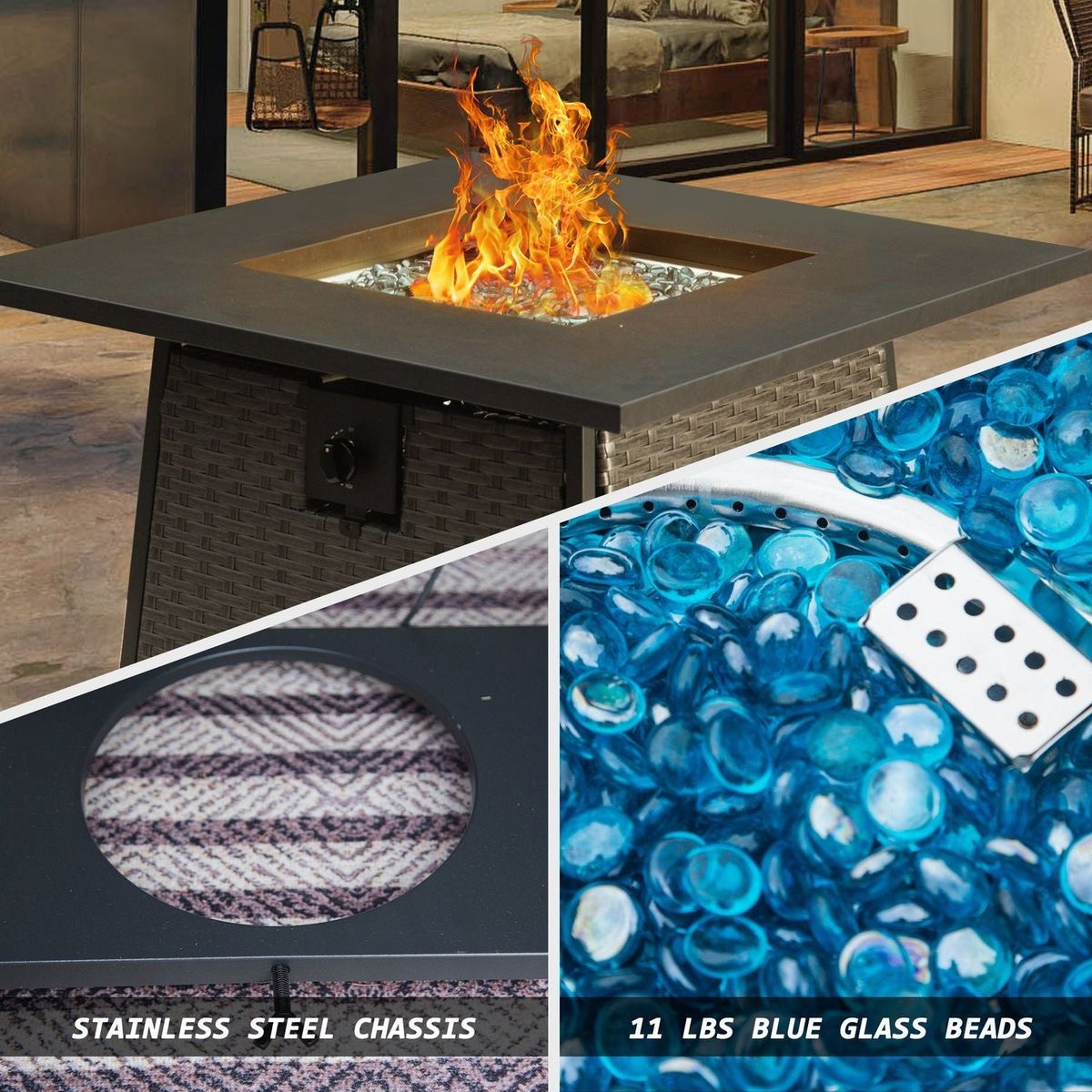 32 Inch Propane Fire Pits Table with Blue Glass Ball, 50,000 BTU Outdoor Wicker Fire Table with ETL-Certified, 2-in-1 Square Steel Gas Firepits (Dark Gray)