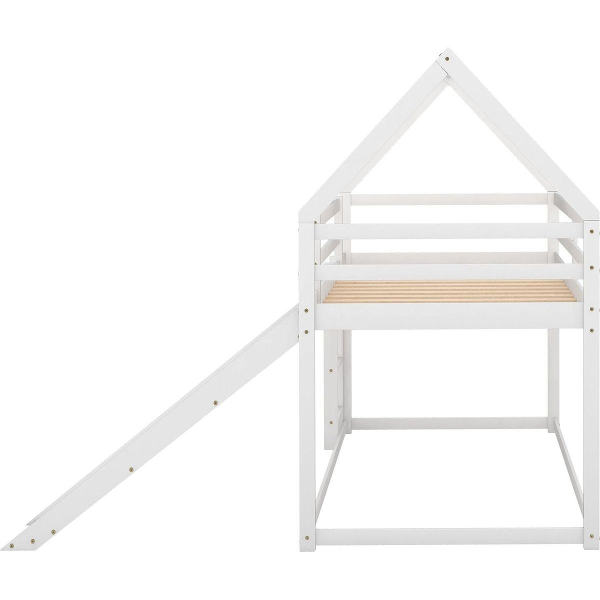 Twin Size Bunk House Bed with Slide and Ladder, White