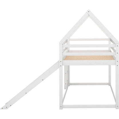 Twin Size Bunk House Bed with Slide and Ladder, White