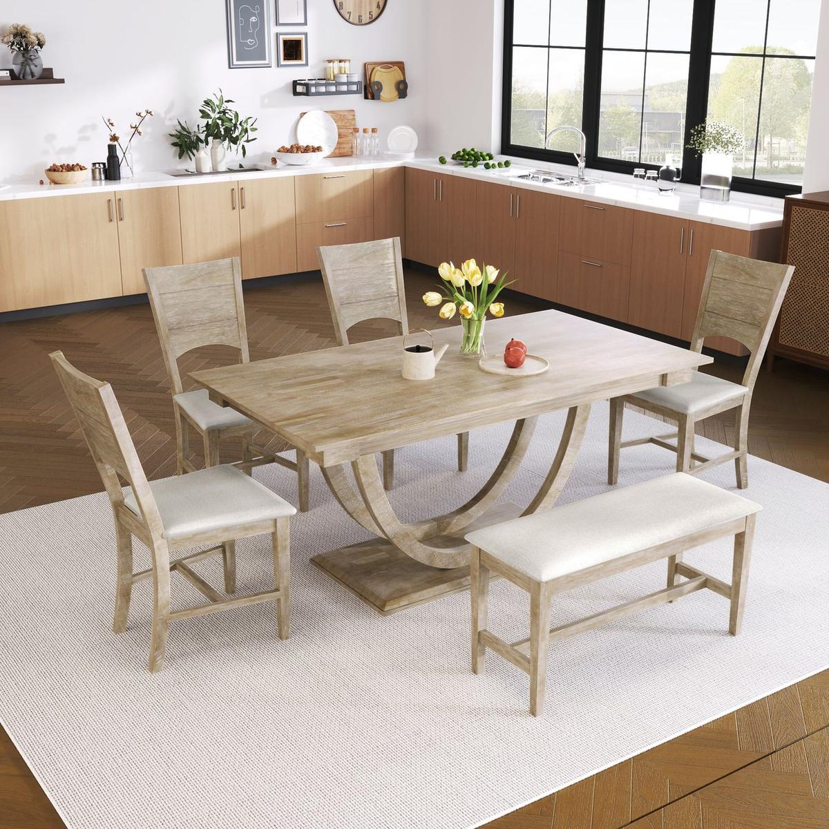 6-Piece Wood Half Round Dining Table Set Kitchen Table Set with Long Bench and 4 Dining Chairs, Modern Style, Natural