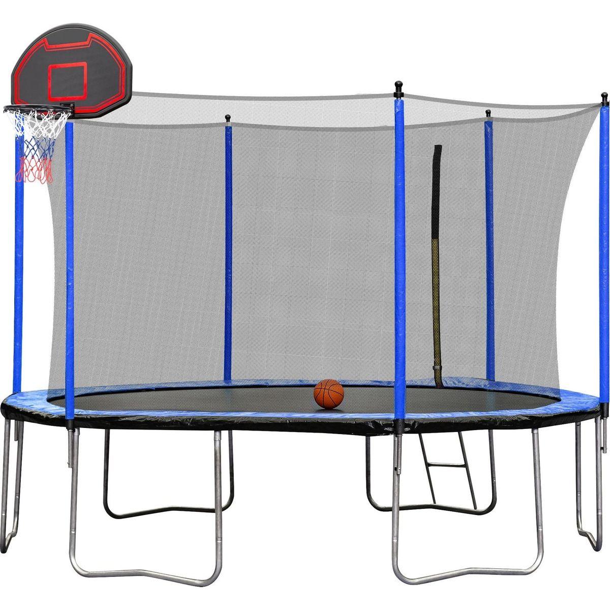 15FT Trampoline with Basketball Hoop Inflator and Ladder (Inner Safety Enclosure) Blue
