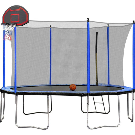 15FT Trampoline with Basketball Hoop Inflator and Ladder (Inner Safety Enclosure) Blue