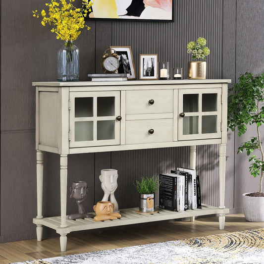 Sideboard Console Table with Bottom Shelf, Farmhouse Wood/Glass Buffet Storage Cabinet Living Room (Antique Grey) - Streamdale Furniture