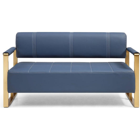 57.9" Width Modern Upholstery Faux Bonded Leather Loveseat Sofa for Living Room Accent Love Seats for Small Spaces 2 Seater Couch Sofa Office Apartment Studio Furniture with Golden Metal Arms,Blue