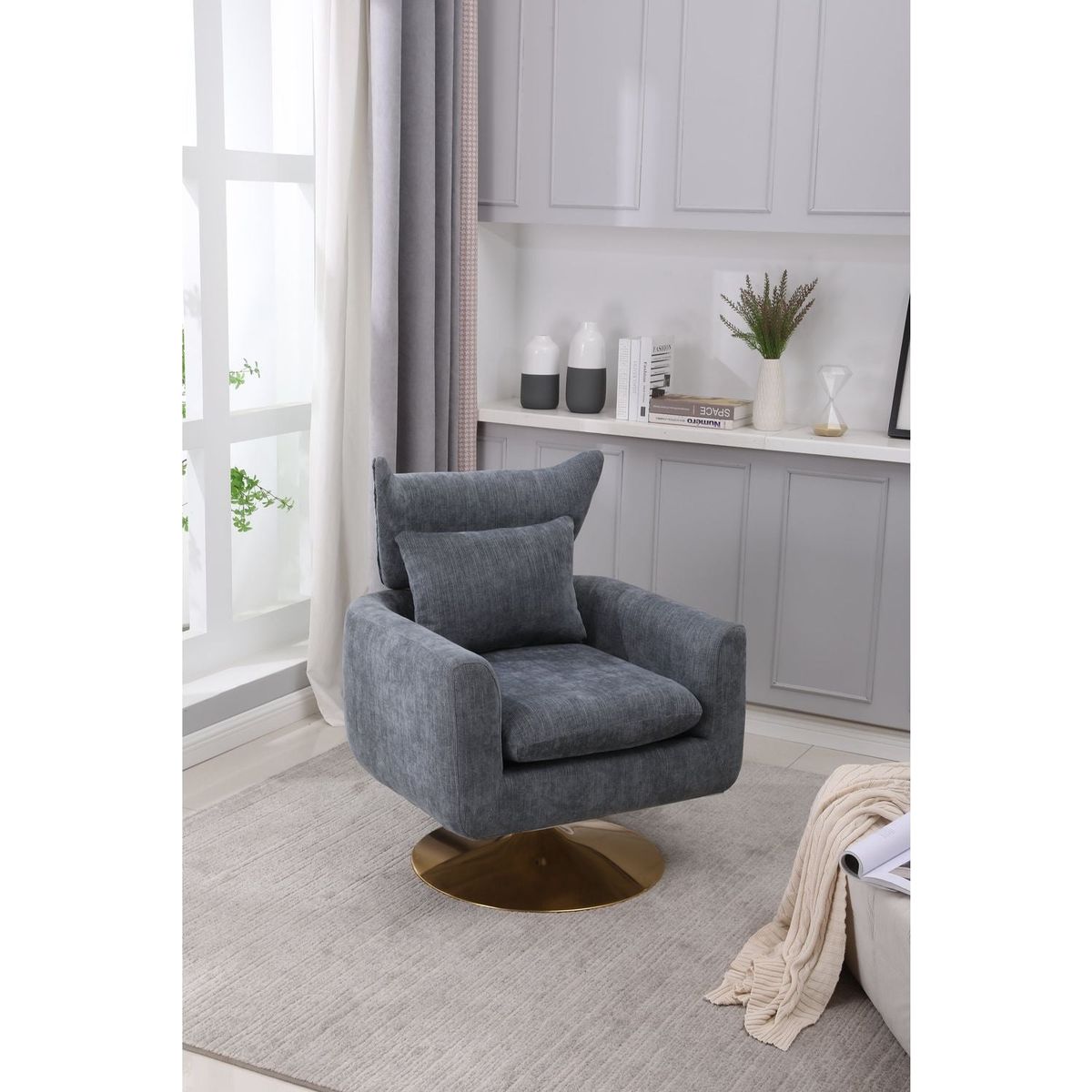 Classic Mid-Century 360-degree Swivel Accent Chair, Dusty Blue Linen