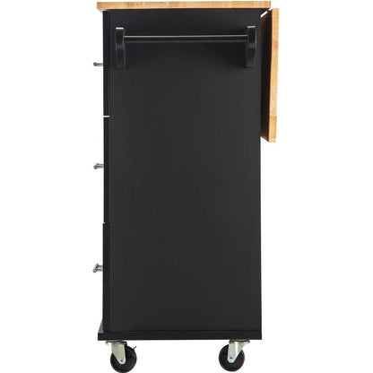 Kitchen Island & Kitchen Cart, Mobile Kitchen Island with Extensible Rubber Wood Table Top, adjustable Shelf Inside Cabinet, 3 Big Drawers, with Spice Rack, Towel Rack, Black-Beech .