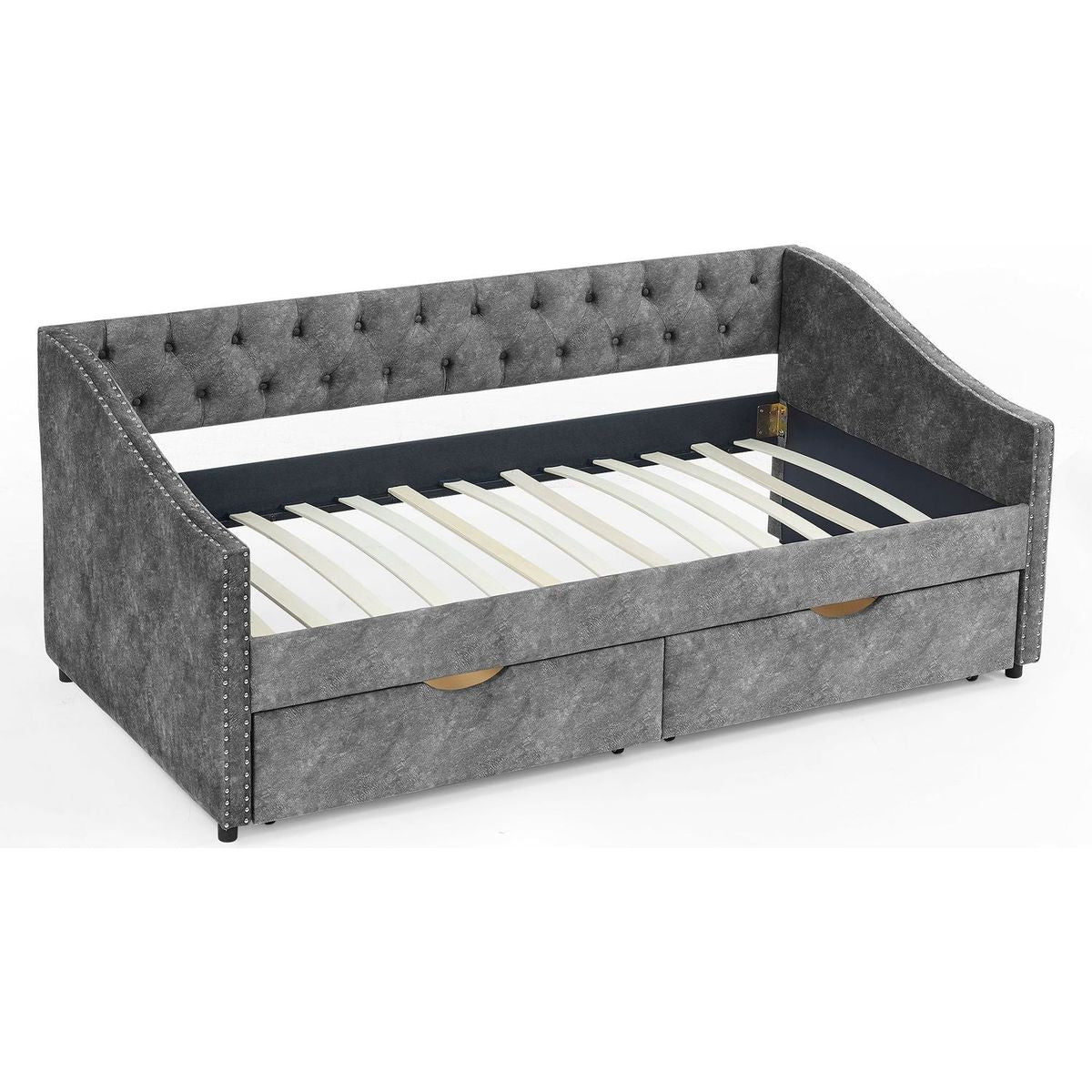 Twin Size Daybed with Drawers Upholstered Tufted Sofa Bed, with Button on Back and Copper Nail on Waved Shape Armsrey1.5"41"30.5"
