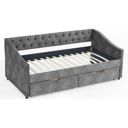 Twin Size Daybed with Drawers Upholstered Tufted Sofa Bed, with Button on Back and Copper Nail on Waved Shape Armsrey1.5"41"30.5"