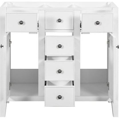 36" Bathroom Vanity without Sink, Cabinet Base Only, Two Cabinets and Five Drawers, Solid Wood Frame, White