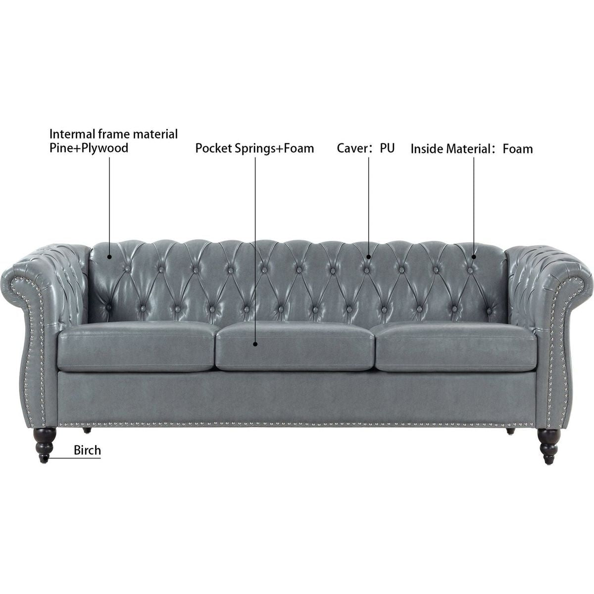 84.65" Rolled Arm Chesterfield 3 Seater Sofa.