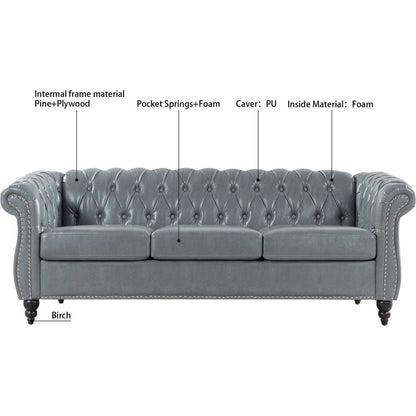 84.65" Rolled Arm Chesterfield 3 Seater Sofa.