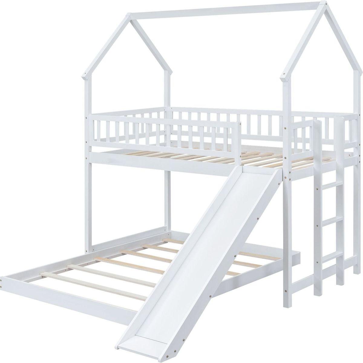 Twin over Full House Bunk Bed with Slide and Built-in Ladder, Full-Length Guardrail, White