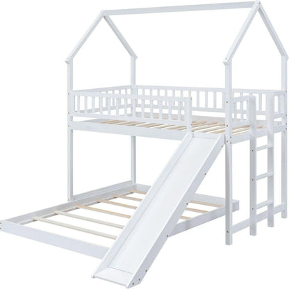 Twin over Full House Bunk Bed with Slide and Built-in Ladder, Full-Length Guardrail, White