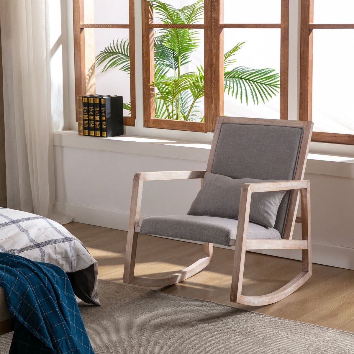 Solid wood linen fabric antique white wash painting rocking chair with removable lumbar pillow