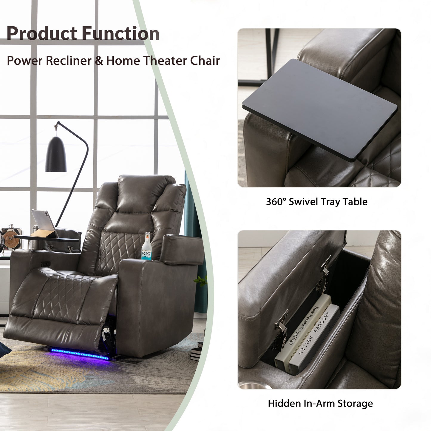 Power Motion Recliner with USB Charging Port and Hidden Arm Storage, Home Theater Seating with 2 Convenient Cup Holders Design and 360 degree Swivel Tray Table