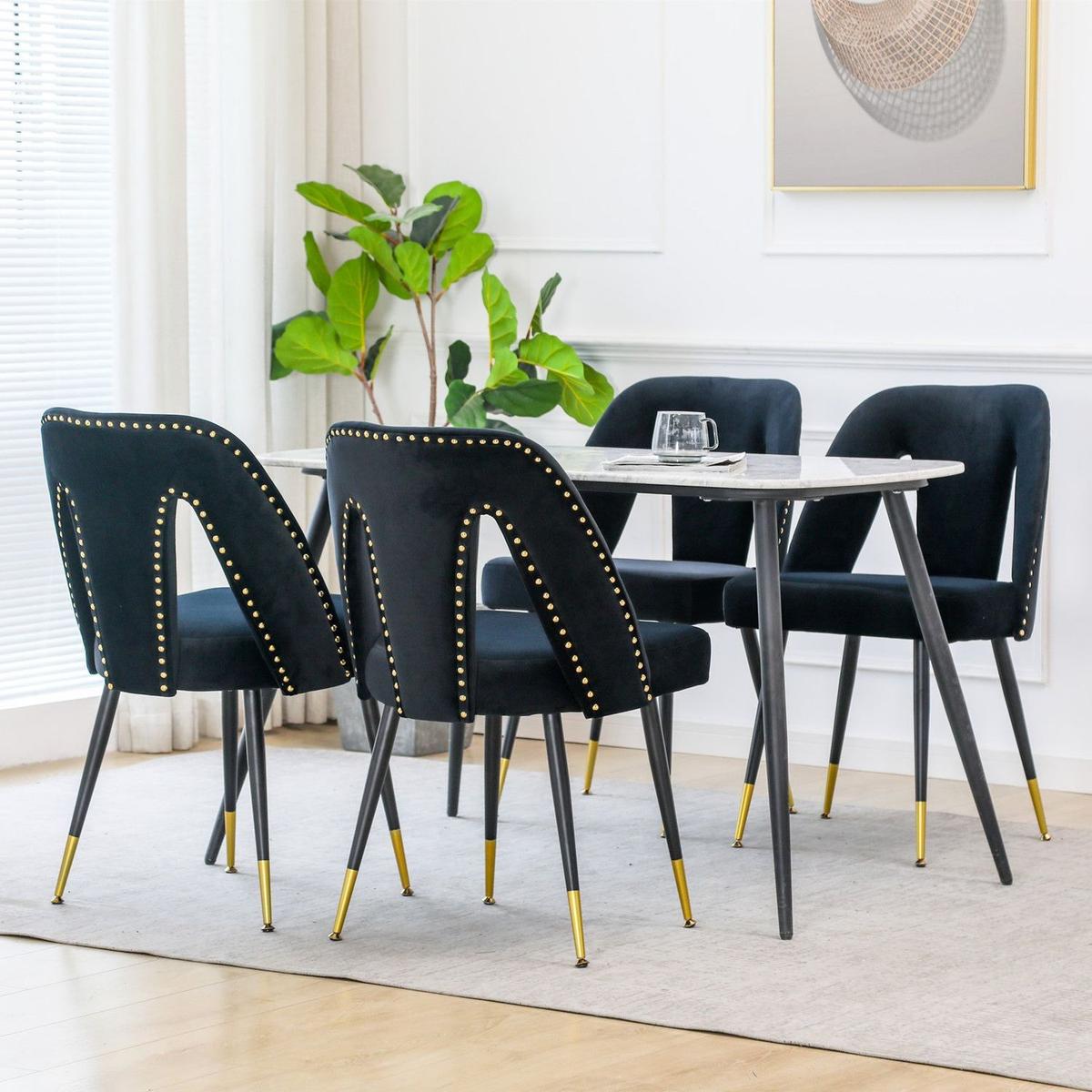 Akoya Collection Modern Contemporary Velvet Upholstered Dining Chair with Nailheads and Gold Tipped Black Metal Legs, Black, Set of 2