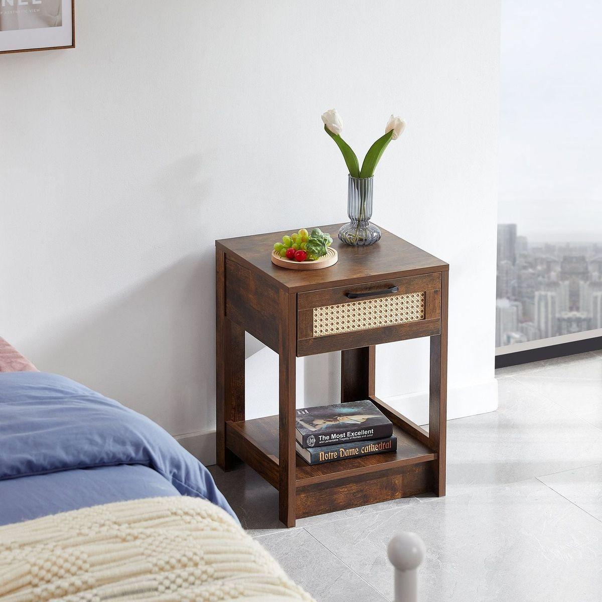 15.75" Rattan End table with drawer, Modern nightstand, side table for living roon, bedroom, Rustic Brown