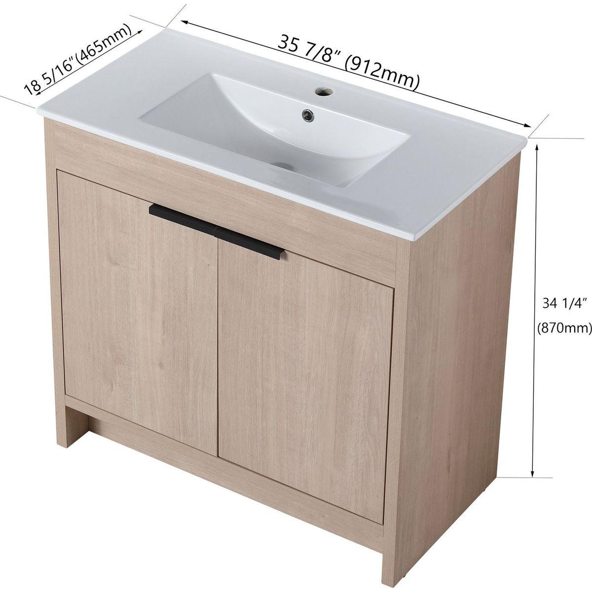 36 Inch Freestanding Bathroom Vanity with White Ceramic Sink & 2 Soft-Close Cabinet Doors (BVB02436PLO-F-BL9090B),W1286S00063