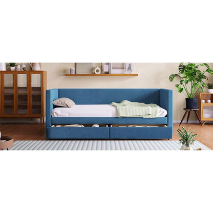 Twin Size Corduroy Daybed with Two Drawers and Wood Slat, Blue