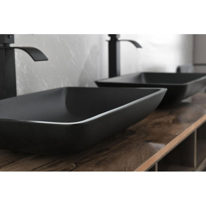 14.38" L -22.25" W -4-3/8 in. H Matte Shell Glass Rectangular Vessel Bathroom Sink in Black with Faucet and Pop-Up Drain in Matte Black