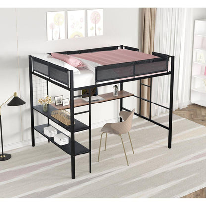 Metal Full Size Loft Bed with Desk & Shelves/ Sturdy Metal Bed Frame/ Noise-free Wood Slats/ Comfortable Textilene Guardrail/ Built-in Desk, 2-tier Shelves & Grid Panel/ 2 Side Ladders