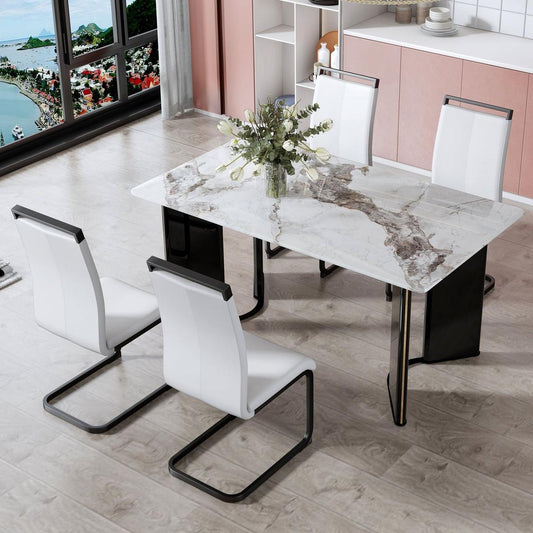 Table and chair set. A white imitation marble desktop with MDF legs and gold metal decorative strips. Paired with 4 dining chairs with white backrest and black metal legs.F-HH