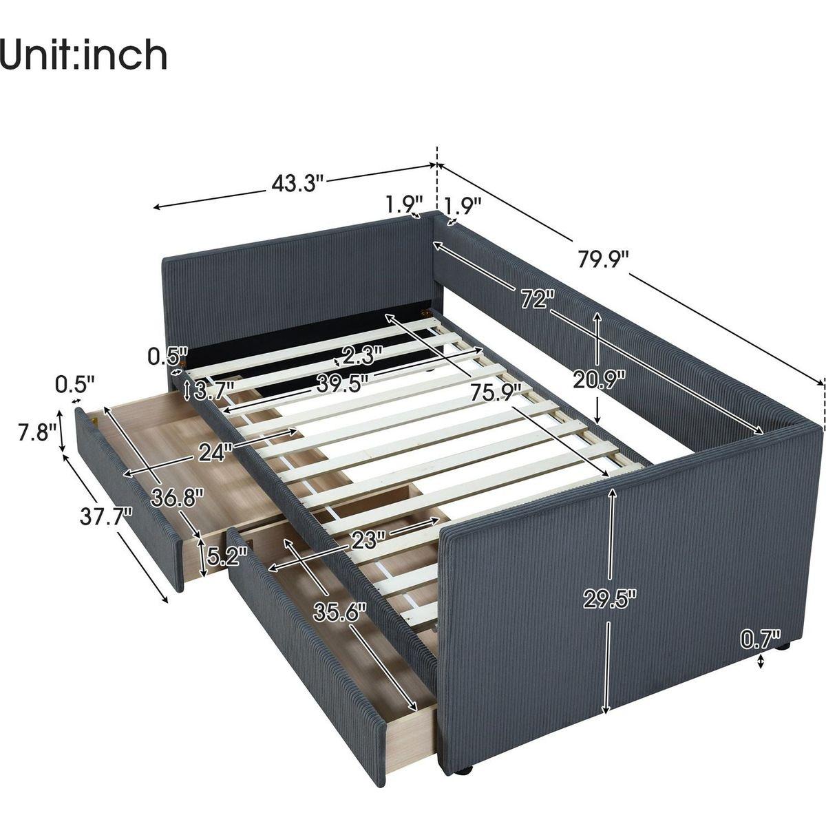 Twin Size Corduroy Daybed with Two Drawers and Wood Slat, Gray