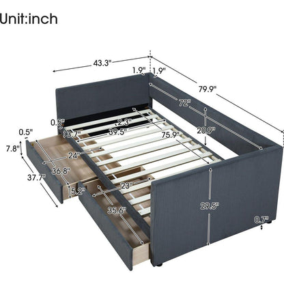 Twin Size Corduroy Daybed with Two Drawers and Wood Slat, Gray