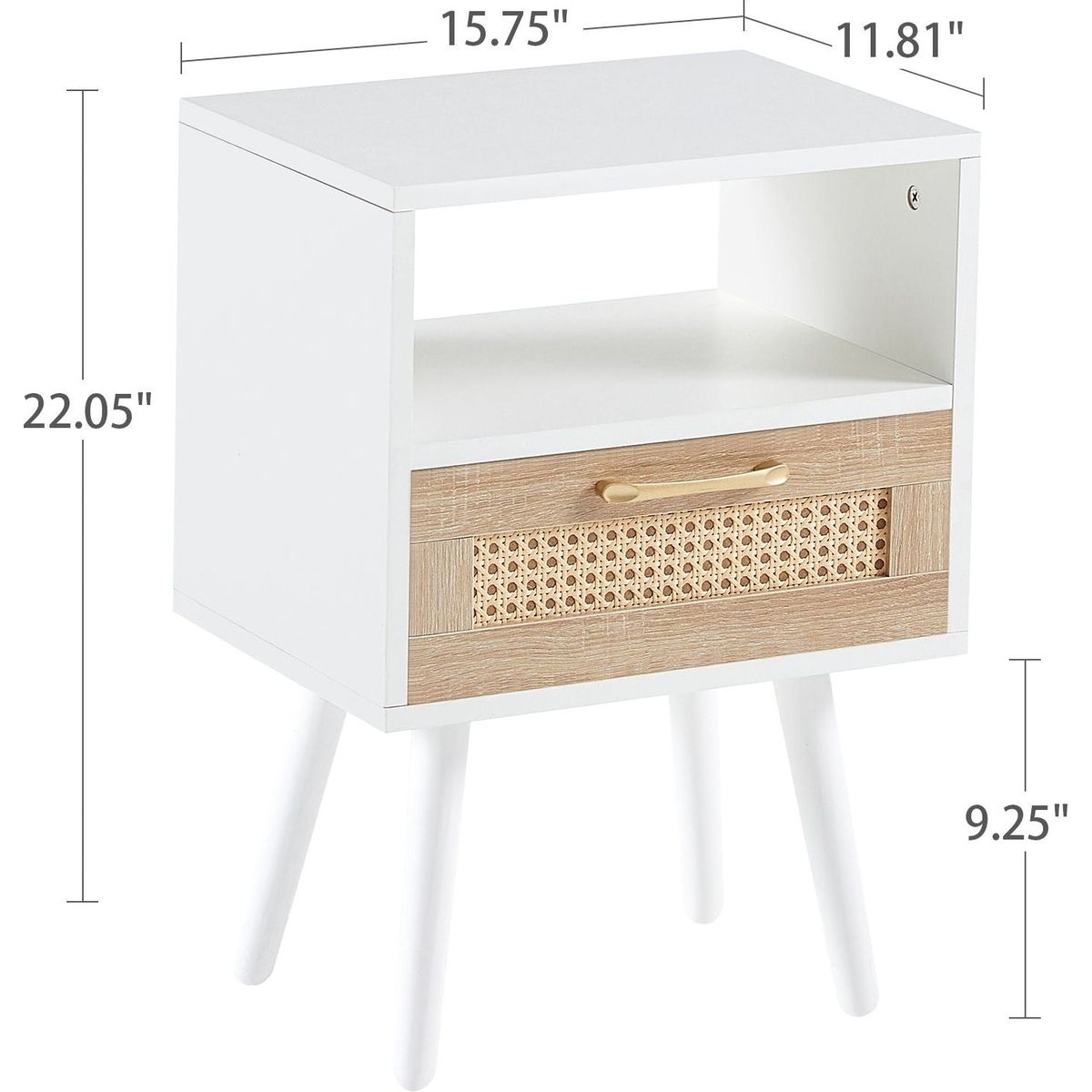 15.75" Rattan End table with drawer and solid wood legs, Modern nightstand, side table for living roon, bedroom, white