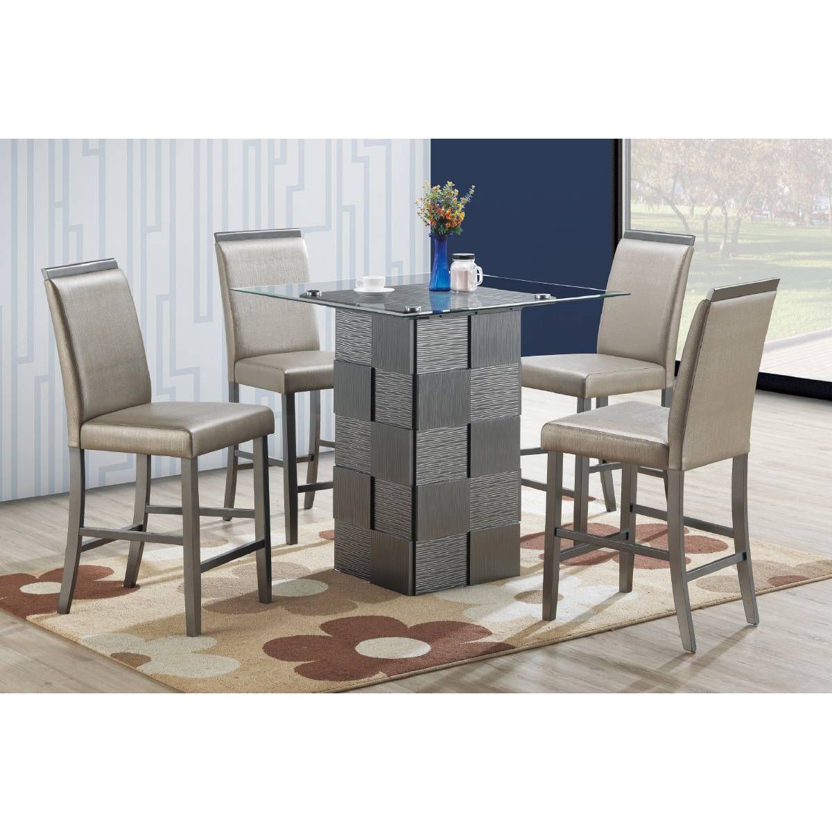 Classic Contemporary Grey Trim Silver Hue Set of 2 Counter Height Dining Chairs Cushion Faux Leather Chairs