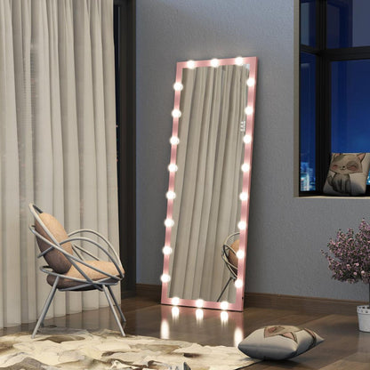 Hollywood Full Length Mirror with Lights Full Body Vanity Mirror with 3 Color Modes Wall Lighted Standing Floor Mirror for Dressing Room Bedroom Hotel Touch Control Pink 62.6"x23.3" - Streamdale Furniture