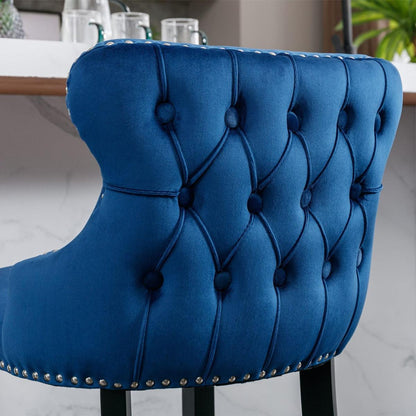 Contemporary Velvet Upholstered Wing-Back Barstools with Button Tufted Decoration and Wooden Legs, and Chrome Nailhead Trim, Leisure Style Bar Chairs,Bar stools,Set of 2 (Blue)