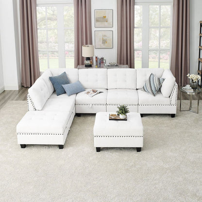 L shape Modular Sectional Sofa,DIY Combination,includes Three Single Chair, Two Corner and Two Ottoman,Ivory Chenille