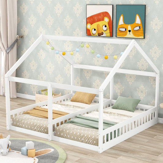 Twin Size House Platform Beds, Two Shared Beds, White - Streamdale Furniture