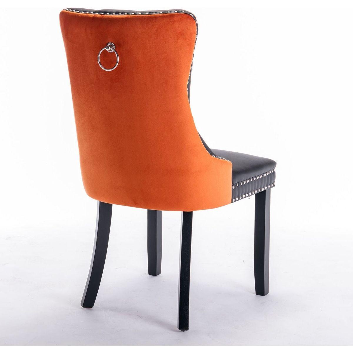 Nikki Collection Modern, High-end Tufted Solid Wood Contemporary PU and Velvet Upholstered Dining Chair with Wood Legs Nailhead Trim 2-Pcs Setlack+Orange