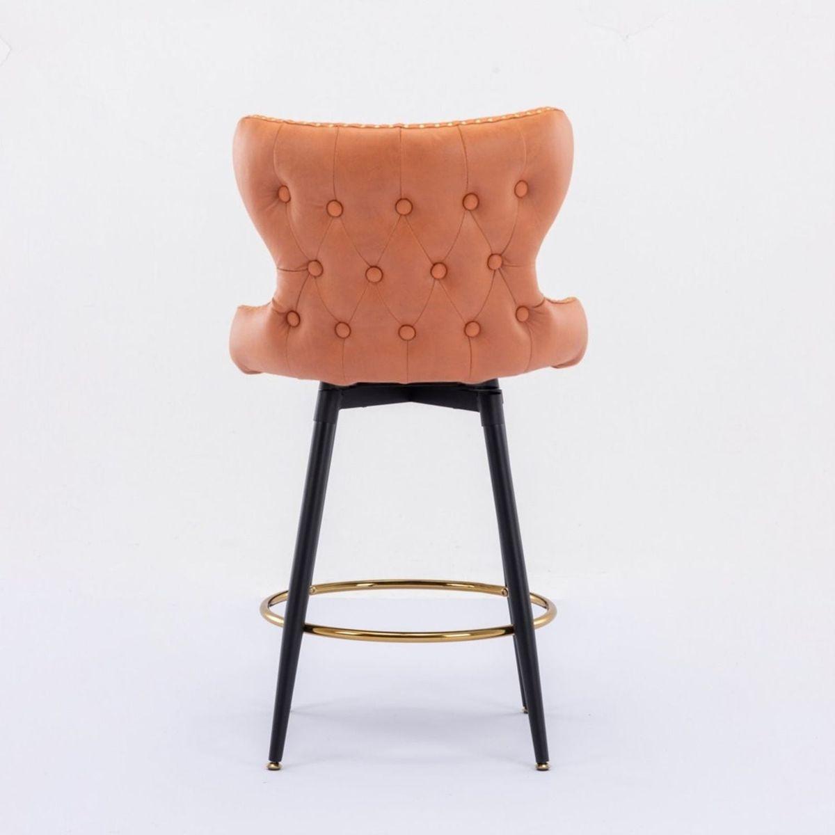 Counter Height 25" Modern Leathaire Fabric bar chairs, 180 degree Swivel Bar Stool Chair for Kitchen, Tufted Gold Nailhead Trim Bar Stools with Metal Legs, Set of 2 (Orange)