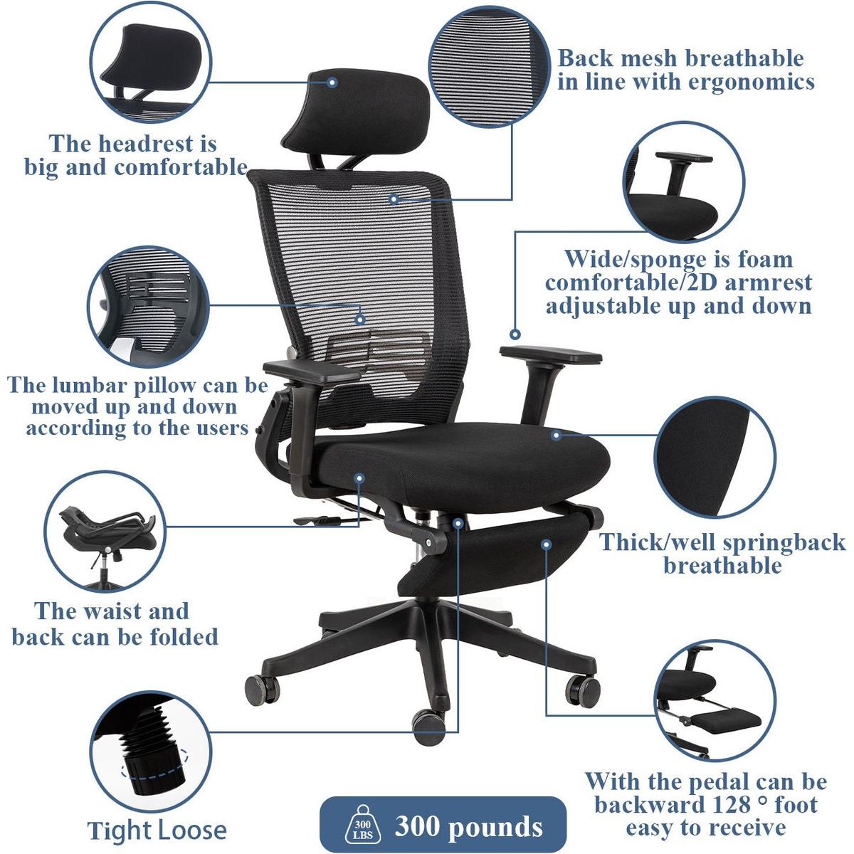 High Back Office Chair with 2d armrest and foot rest, tilt function max 128,Black